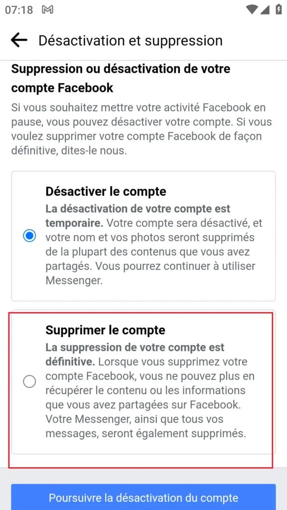 Quatrième étape pour supprimer un compte Facebook