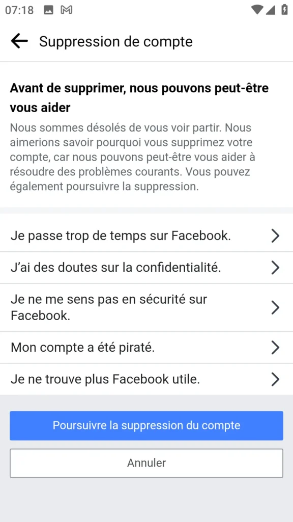 Cinquième étape pour supprimer un compte Facebook