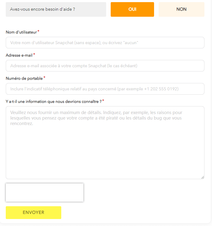 Remplissez le formulaire pour récupérer un compte Snap