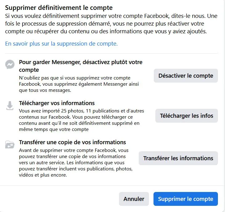 Lien pour supprimer son compte Facebook