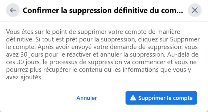 lien pour supprimer un compte Facebook