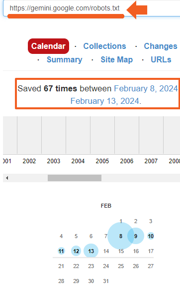 Capture d'écran du fichier Google Gemini robots.txt d'Internet Archive montrant qu'il était présent le 8 février 2024.