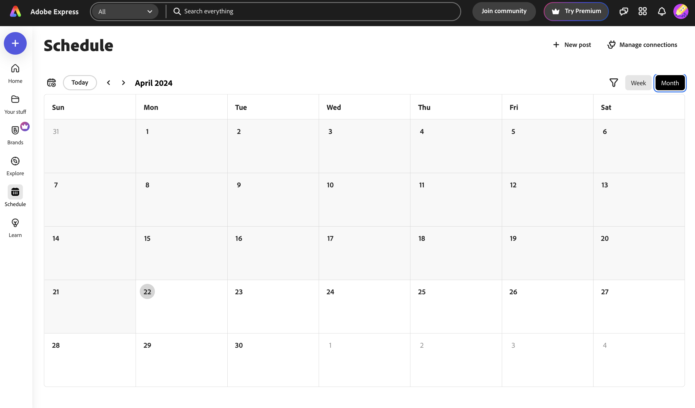 Capture d'écran numérique montrant le modèle de calendrier de contenu d'Adobe Express dans une interface utilisateur, avec des dates vierges et des outils de navigation visibles.