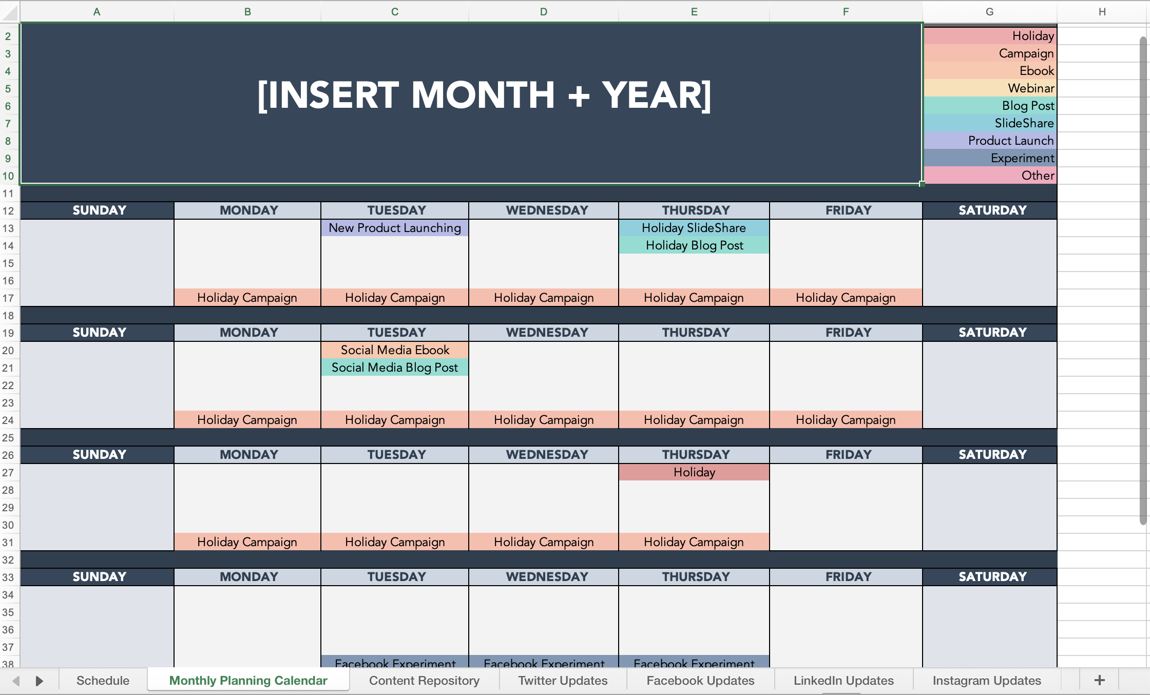 Capture d'écran du modèle de calendrier de contenu des médias sociaux HubSpot pour 2024, rempli d'événements et de détails de campagne tels que 